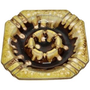 Vintage Art Pottery MCM Ashtray with Drip Glaze Square Red Clay 7" Earth Tones
